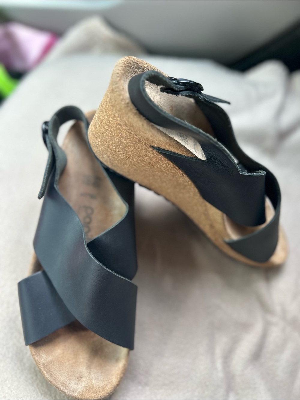 Birkenstock Papillio Samira black Leather Wedge Sandals w/Cork Wedge size 9(40)